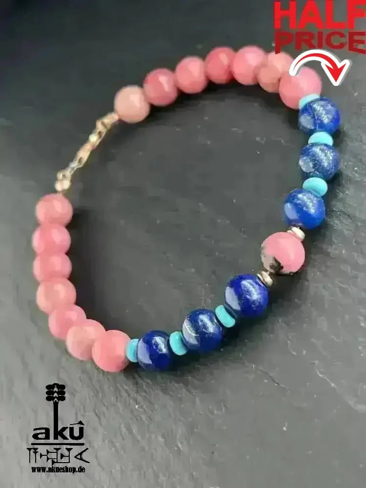 Glücksstein - Armband; Rhodonit & Lapislazuli & Türkis, 925er Rosé Silber, natürliche Edelsteine positive Meditationsenergie - AkueShop
