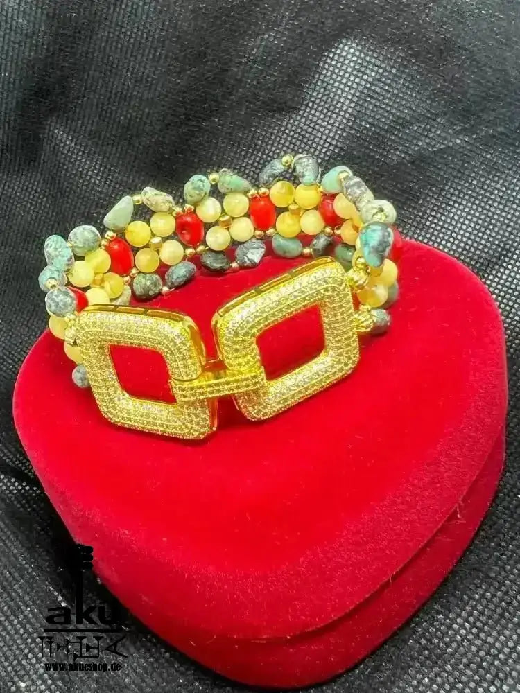 Handgefertigte breite Manschette Armbänder, natürliche Edelsteine, Bernstein Koralle Türkis Chakra positive energie - AkueShop