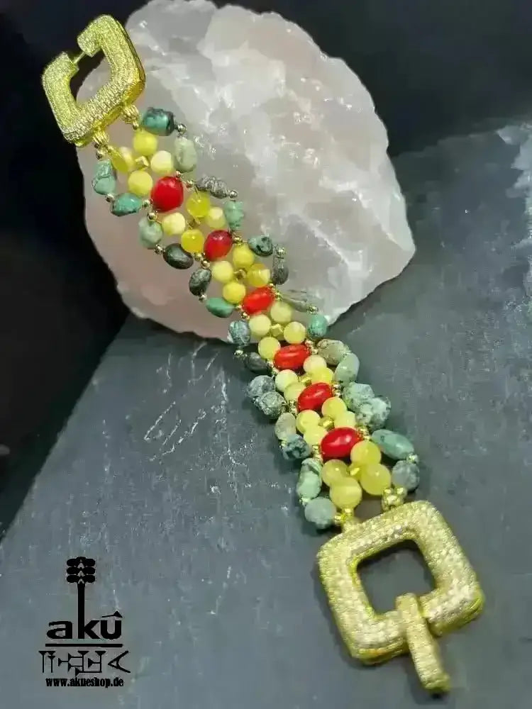Handgefertigte breite Manschette Armbänder, natürliche Edelsteine, Bernstein Koralle Türkis Chakra positive energie - AkueShop