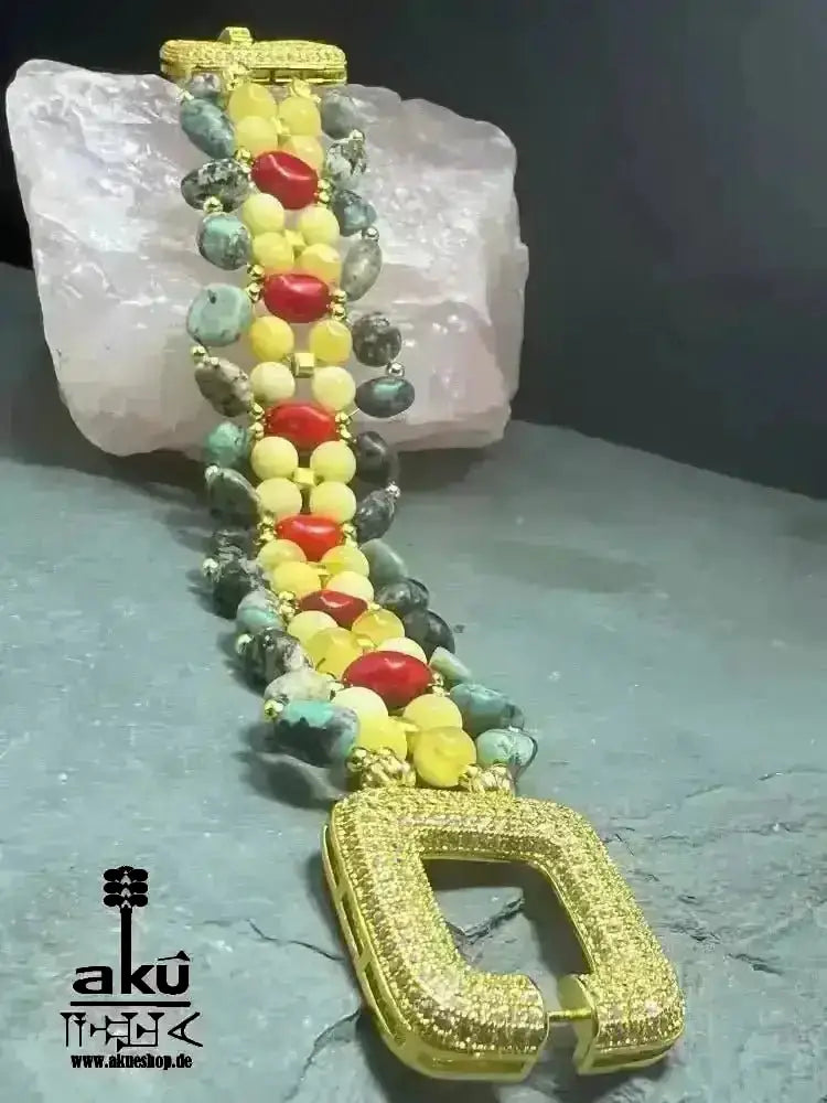 Handgefertigte breite Manschette Armbänder, natürliche Edelsteine, Bernstein Koralle Türkis Chakra positive energie - AkueShop