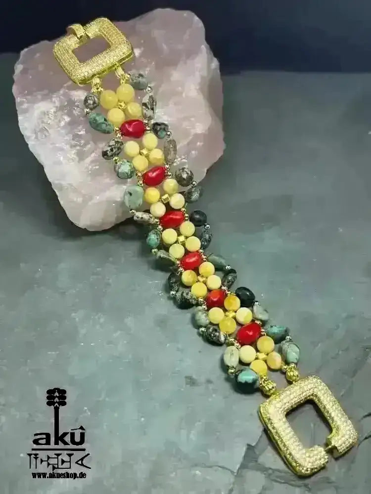 Handgefertigte breite Manschette Armbänder, natürliche Edelsteine, Bernstein Koralle Türkis Chakra positive energie - AkueShop