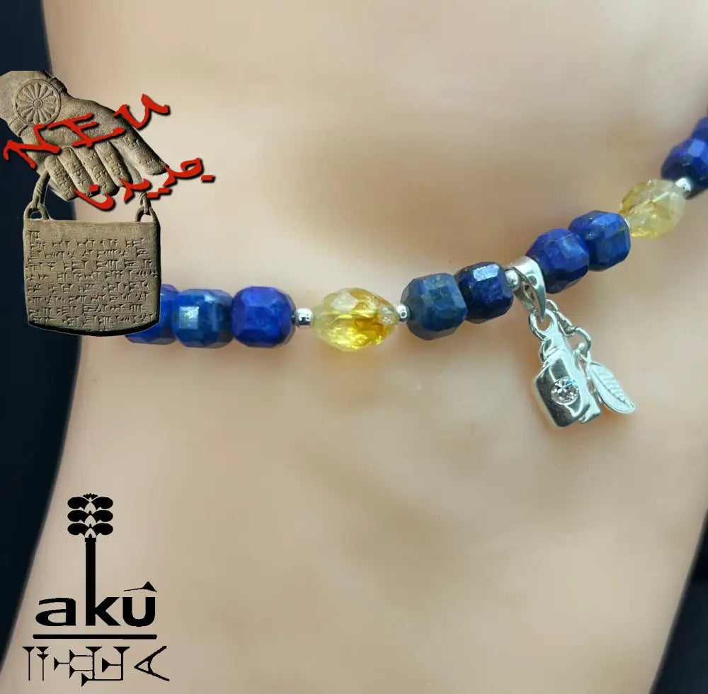 Handgefertigtes Fußkette mit Lapislazuli und Citrin - Edelsteinschmuck für Drittes Auge und Solarplexus Chakra in 925 Silber