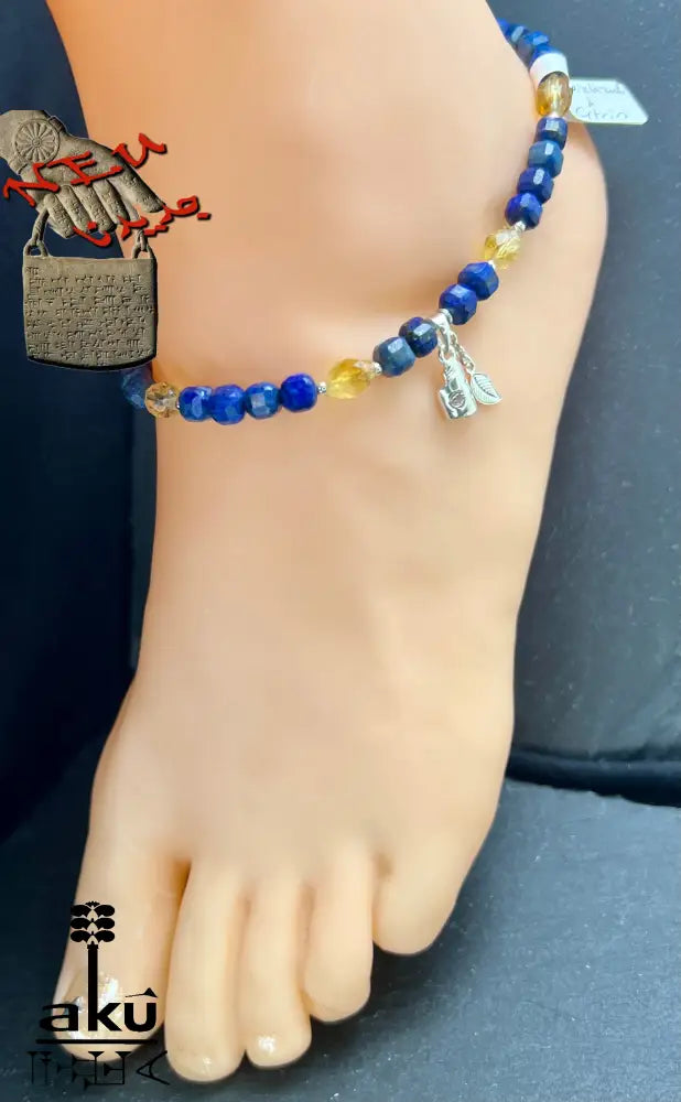 Handgefertigtes Fußkette mit Lapislazuli und Citrin - Edelsteinschmuck für Drittes Auge und Solarplexus Chakra in 925 Silber
