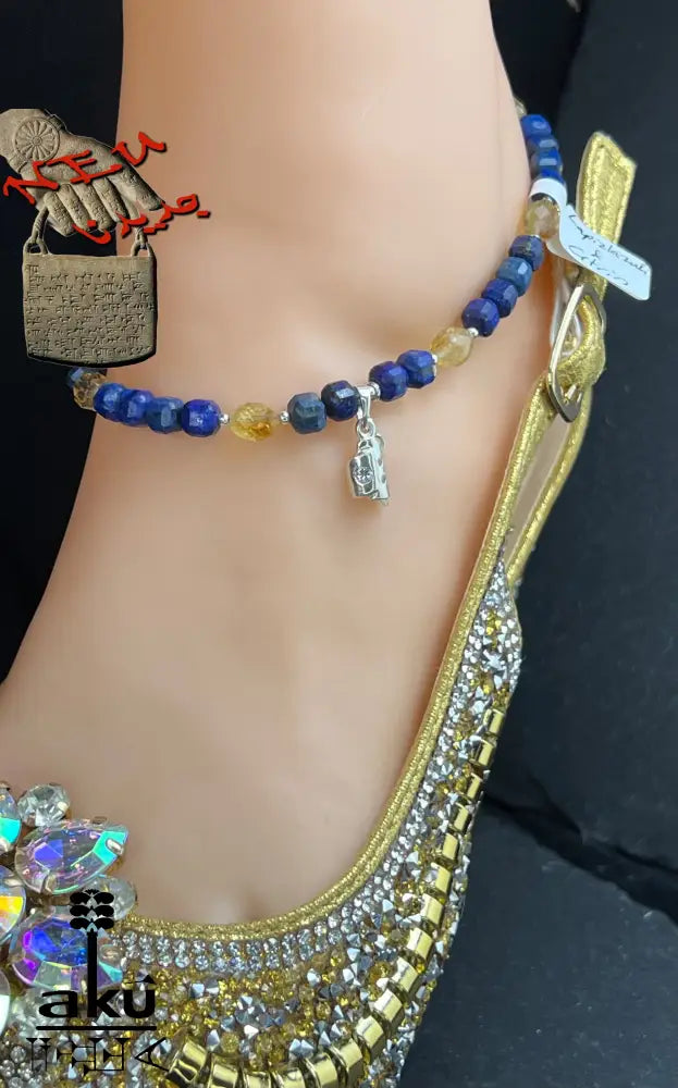 Handgefertigtes Fußkette mit Lapislazuli und Citrin - Edelsteinschmuck für Drittes Auge und Solarplexus Chakra in 925 Silber