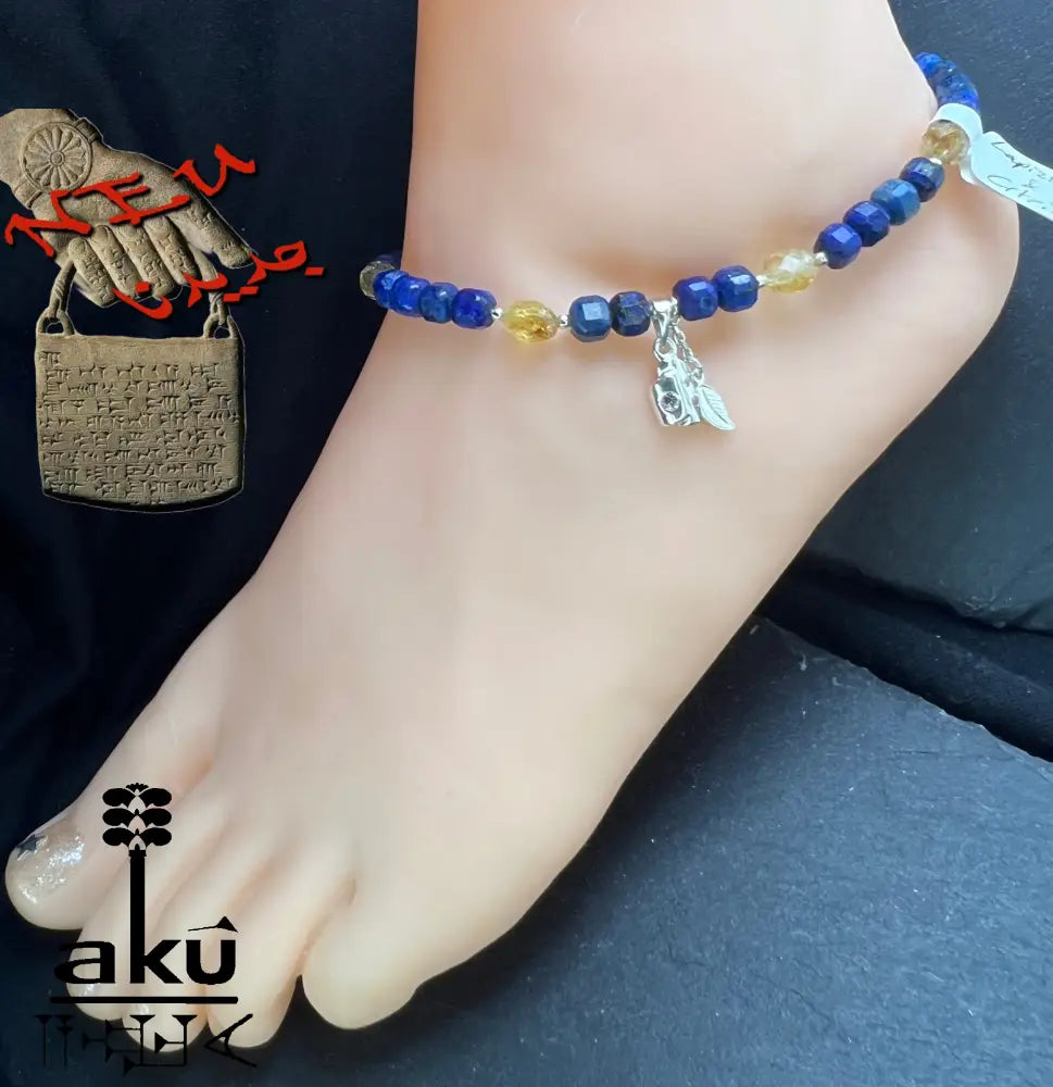 Handgefertigtes Fußkette mit Lapislazuli und Citrin - Edelsteinschmuck für Drittes Auge und Solarplexus Chakra in 925 Silber