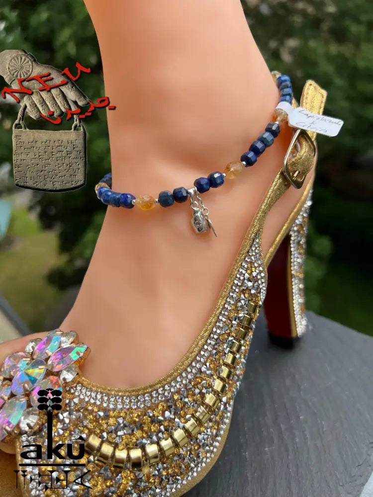 Handgefertigtes Fußkette mit Lapislazuli und Citrin - Edelsteinschmuck für Drittes Auge und Solarplexus Chakra in 925 Silber