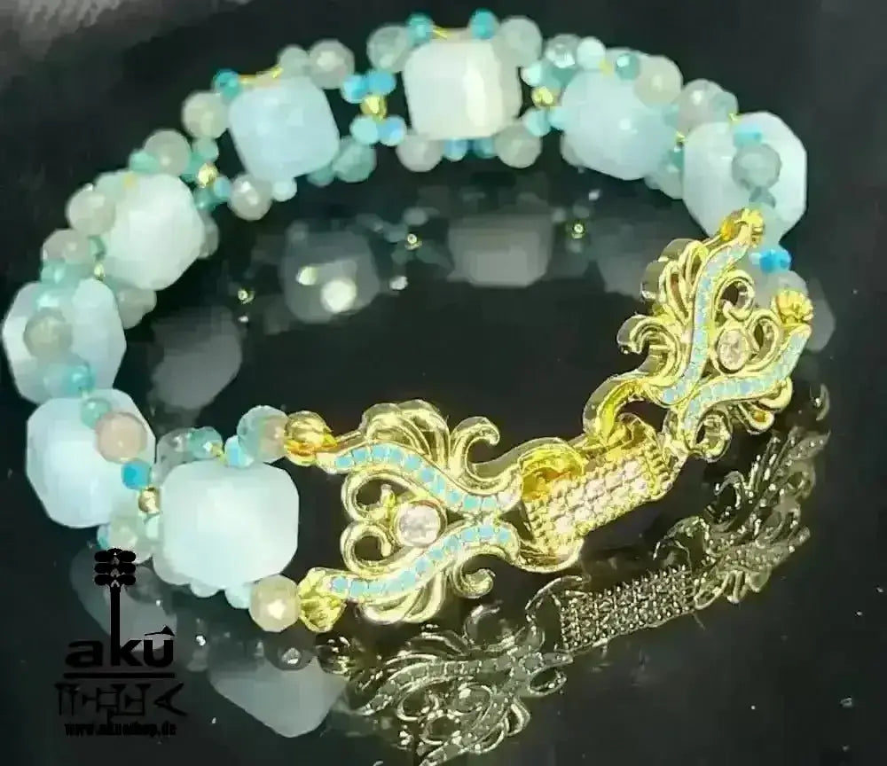 Handgemachte Luck Edelsteine vergoldet Armband, A + Aquamarin Eis Apatit Katzenauge Natursteine, Reiki, Hals - Chakras Meditation Energie - AkueShop