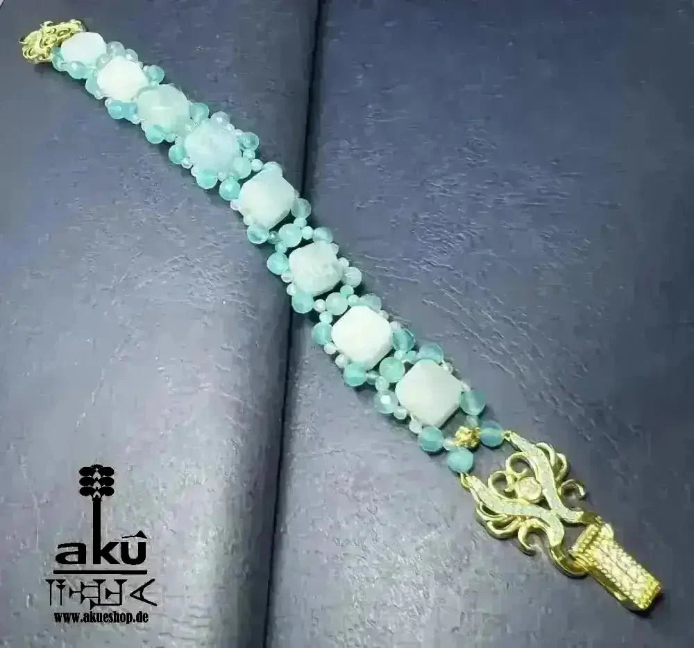 Handgemachte Luck Edelsteine vergoldet Armband, A + Aquamarin Eis Apatit Katzenauge Natursteine, Reiki, Hals - Chakras Meditation Energie - AkueShop