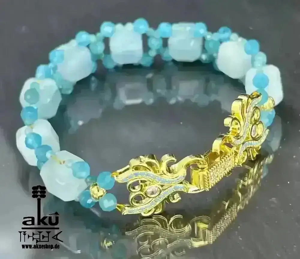 Handgemachte Luck Edelsteine vergoldet Armband, A + Aquamarin Eis Apatit Katzenauge Natursteine, Reiki, Hals - Chakras Meditation Energie - AkueShop