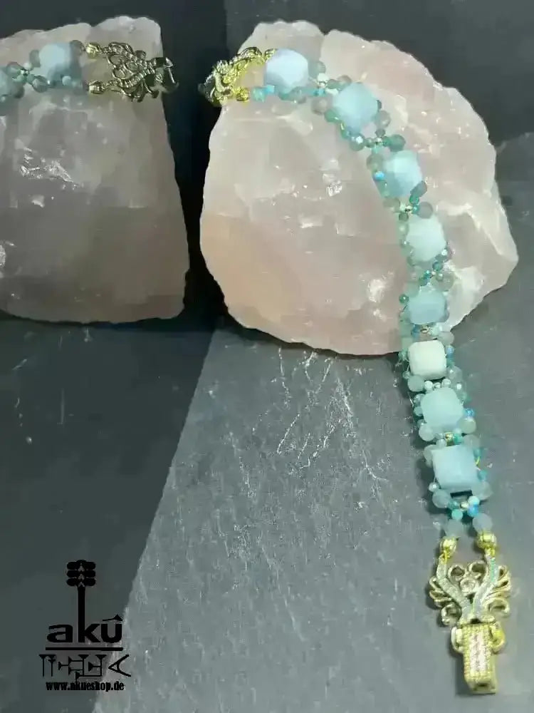 Handgemachte Luck Edelsteine vergoldet Armband, A + Aquamarin Eis Apatit Katzenauge Natursteine, Reiki, Hals - Chakras Meditation Energie - AkueShop