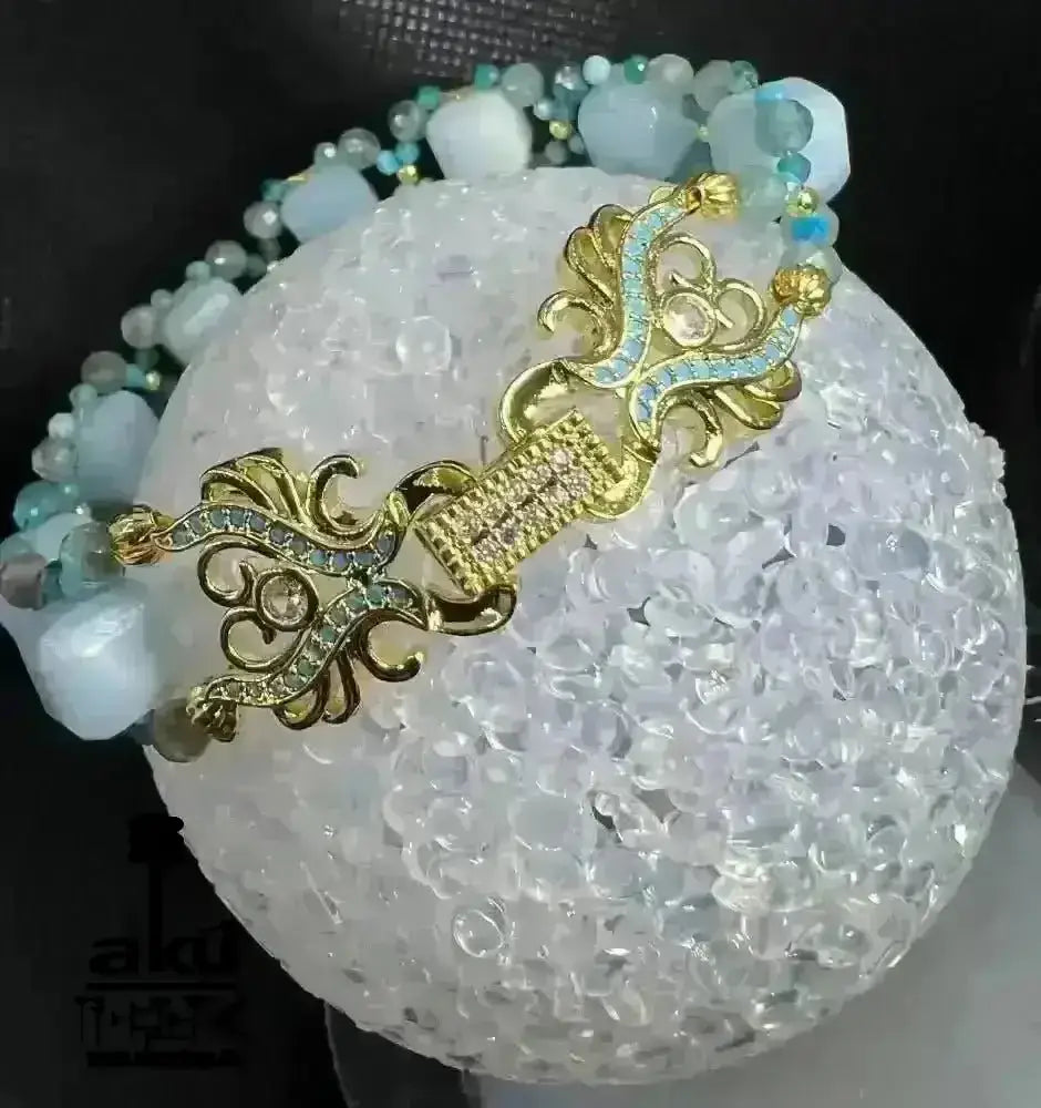 Handgemachte Luck Edelsteine vergoldet Armband, A + Aquamarin Eis Apatit Katzenauge Natursteine, Reiki, Hals - Chakras Meditation Energie - AkueShop