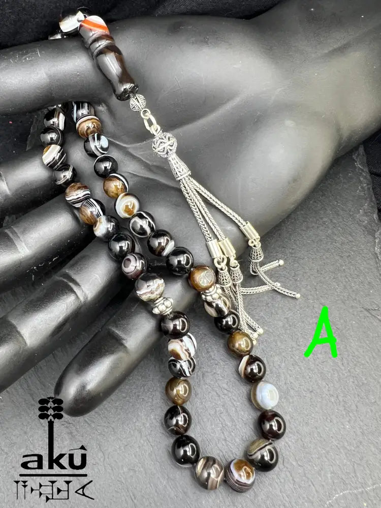 natürlichen Sulemani Tasbih, Jazaa Achat mit gestreiften Perlen, Akik Imame Perle. Sibha schwarzer Sulemany Aqeeq, 925 silbere Quaste, AkueShop Misbaha