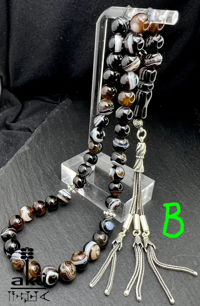 natürlichen Sulemani Tasbih, Jazaa Achat mit gestreiften Perlen, Akik Imame Perle. Sibha schwarzer Sulemany Aqeeq, 925 silbere Quaste, AkueShop Misbaha