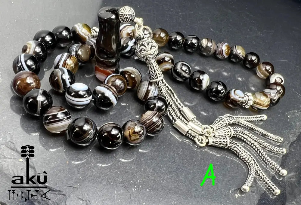 natürlichen Sulemani Tasbih, Jazaa Achat mit gestreiften Perlen, Akik Imame Perle. Sibha schwarzer Sulemany Aqeeq, 925 silbere Quaste, AkueShop Misbaha