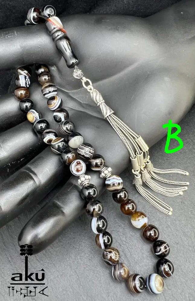 natürlichen Sulemani Tasbih, Jazaa Achat mit gestreiften Perlen, Akik Imame Perle. Sibha schwarzer Sulemany Aqeeq, 925 silbere Quaste, AkueShop Misbaha