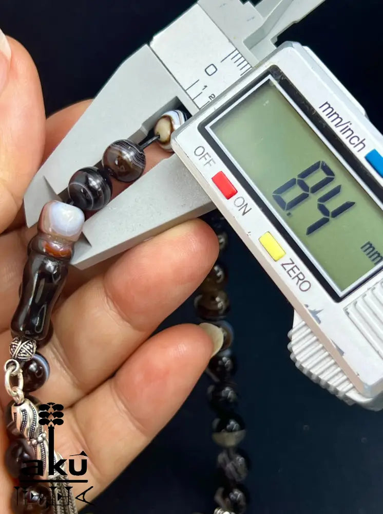 natürlichen Sulemani Tasbih, Jazaa Achat mit gestreiften Perlen, Akik Imame Perle. Sibha schwarzer Sulemany Aqeeq, 925 silbere Quaste, AkueShop Misbaha