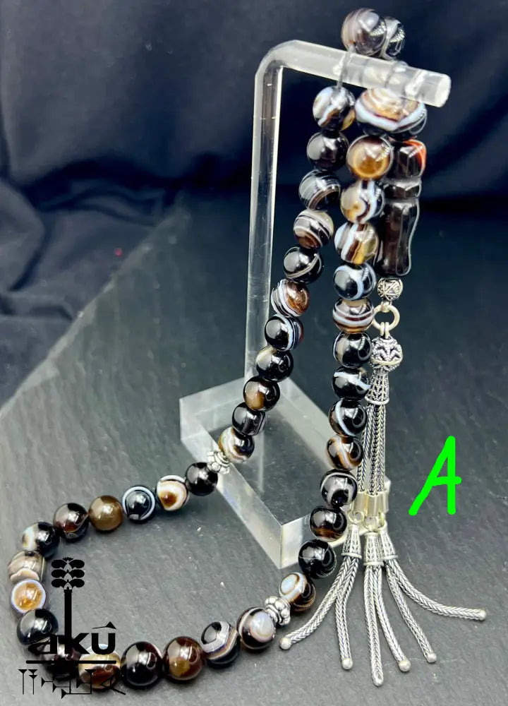 natürlichen Sulemani Tasbih, Jazaa Achat mit gestreiften Perlen, Akik Imame Perle. Sibha schwarzer Sulemany Aqeeq, 925 silbere Quaste, AkueShop Misbaha