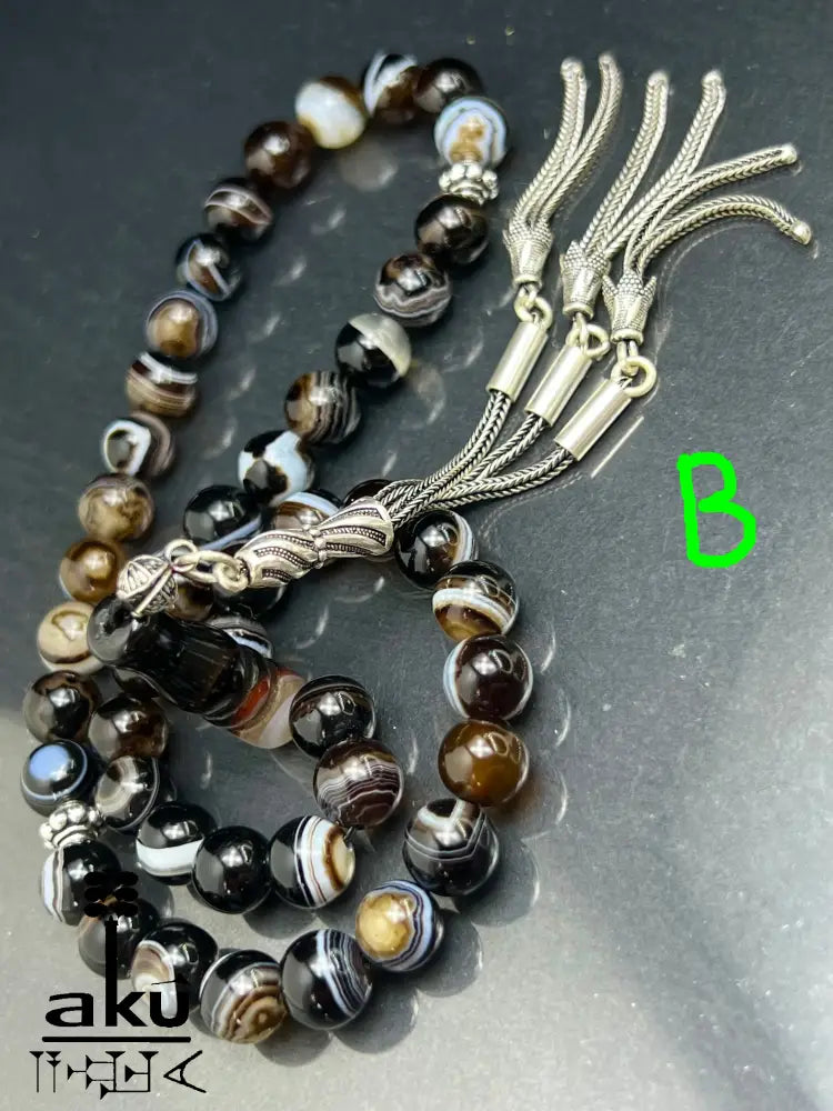 natürlichen Sulemani Tasbih, Jazaa Achat mit gestreiften Perlen, Akik Imame Perle. Sibha schwarzer Sulemany Aqeeq, 925 silbere Quaste, AkueShop Misbaha