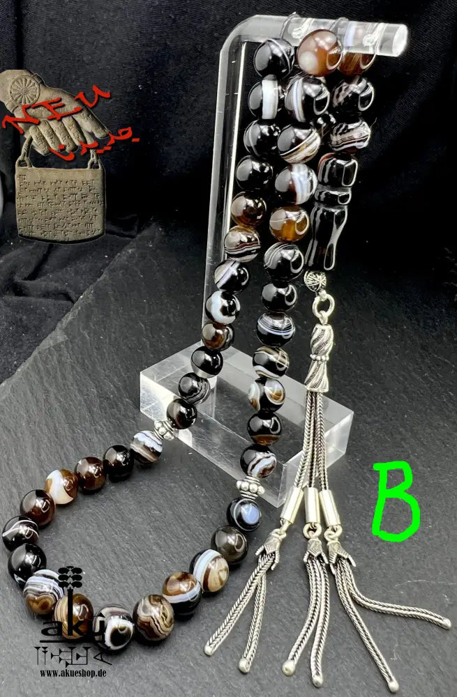 natürlichen Sulemani Tasbih, Jazaa Achat mit gestreiften Perlen, Akik Imame Perle. Sibha schwarzer Sulemany Aqeeq, 925 silbere Quaste, AkueShop Misbaha