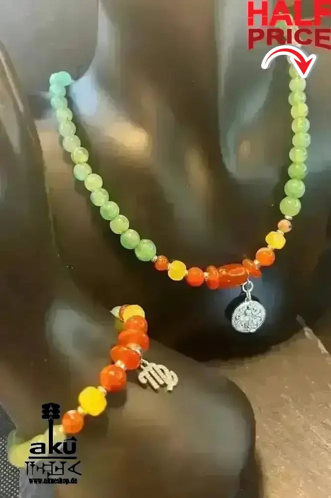 Jungfrau Halskette, natürliche Edelsteine, JADE & roter ACHAT, 925er Silber, Sternzeichen - AkueShop