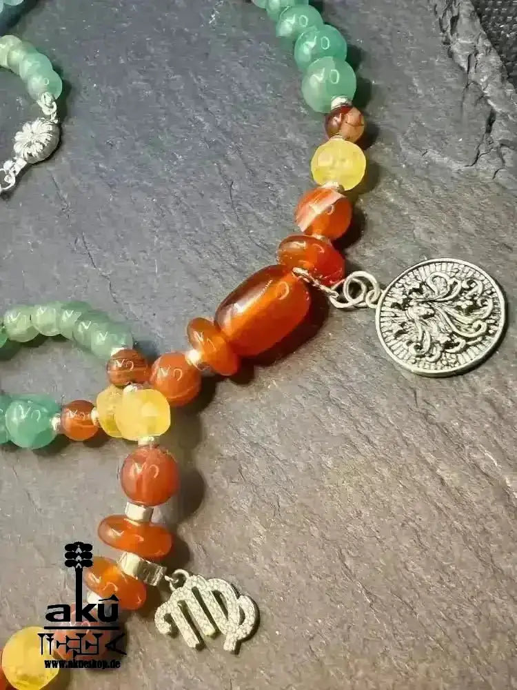 Jungfrau Halskette, natürliche Edelsteine, JADE & roter ACHAT, 925er Silber, Sternzeichen - AkueShop