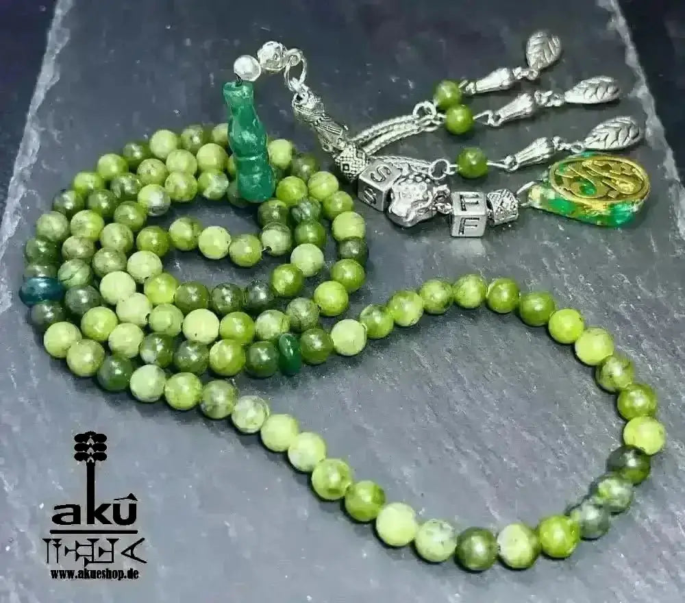 kanadischer JADE und indischer ACHAT Tesbih 99, natürlicher Edelstein, islamische Kalligraphie YARAB - AkueShop