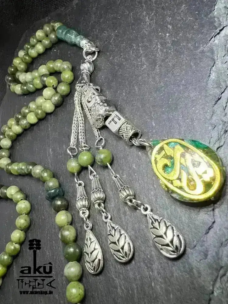 kanadischer JADE und indischer ACHAT Tesbih 99, natürlicher Edelstein, islamische Kalligraphie YARAB - AkueShop