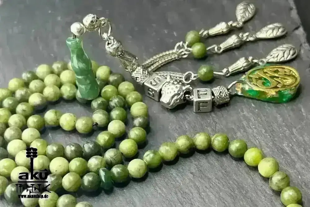 kanadischer JADE und indischer ACHAT Tesbih 99, natürlicher Edelstein, islamische Kalligraphie YARAB - AkueShop