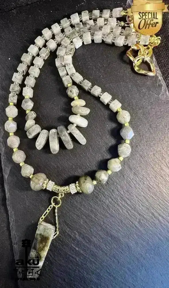 Labradorit Festoon Halskette, Feuer Edelstein Schmuck, doppelsträngiges Dritteauge Chakra für Meditationsenergie - AkueShop