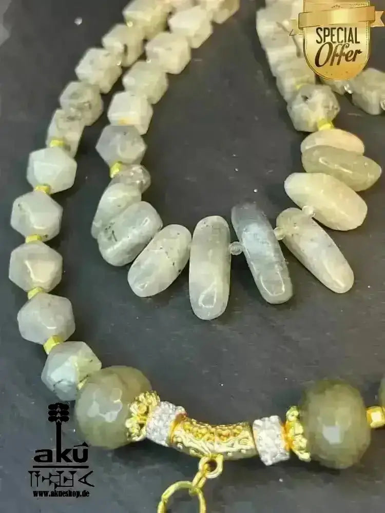 Labradorit Festoon Halskette, Feuer Edelstein Schmuck, doppelsträngiges Dritteauge Chakra für Meditationsenergie - AkueShop