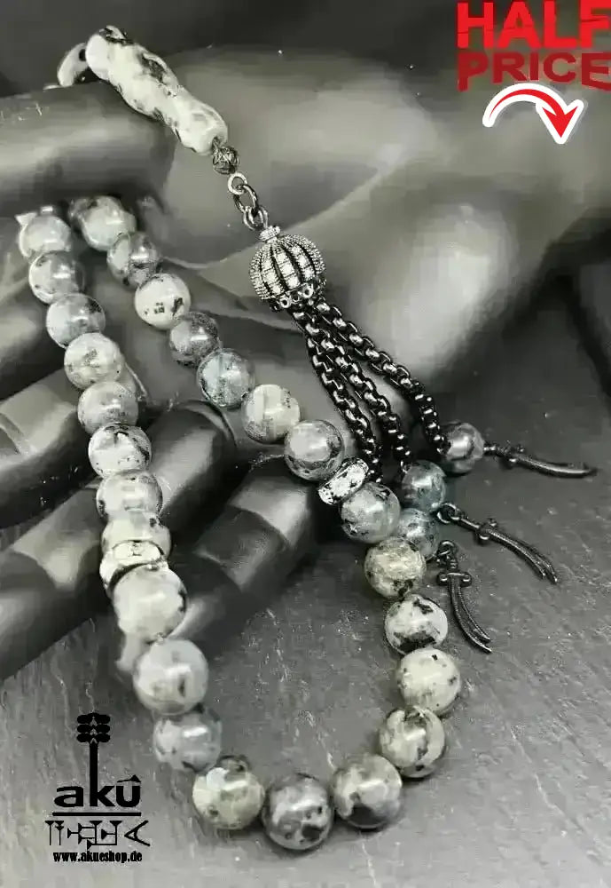 Labradorite Tesbih 33, natürliches Edelstein, islamische Zulfigar - Schwert Misbaha 10mm - AkueShop