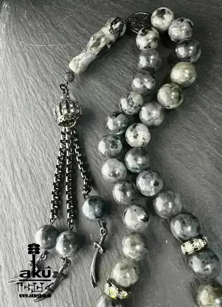 Labradorite Tesbih 33, natürliches Edelstein, islamische Zulfigar - Schwert Misbaha 10mm - AkueShop