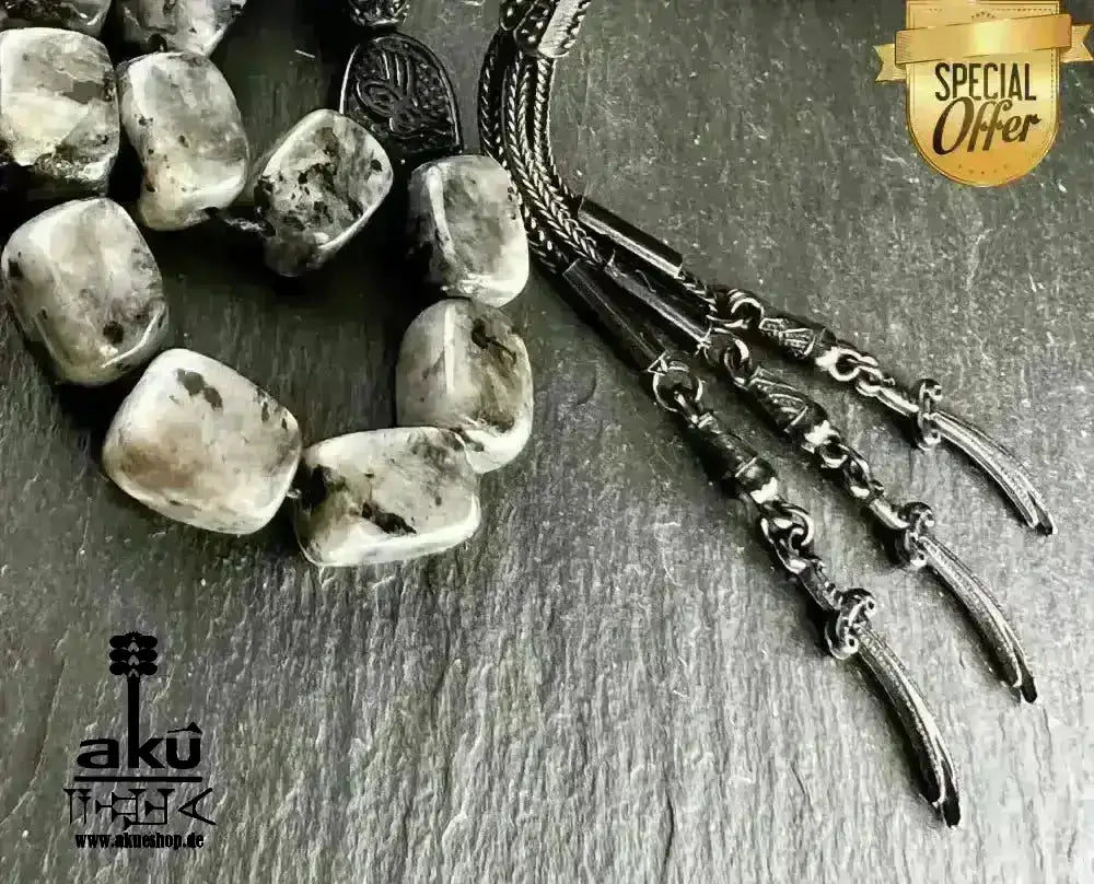 Labradorite Tesbih 33, natürliches Edelstein, islamisches Misbaha, schwarze Zulfiqar ALI Quaste - AkueShop