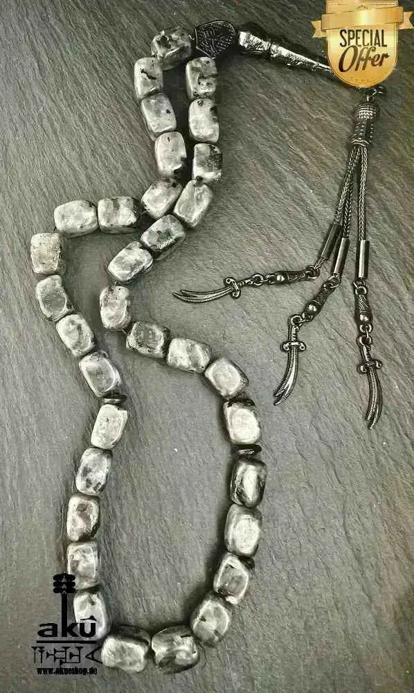 Labradorite Tesbih 33, natürliches Edelstein, islamisches Misbaha, schwarze Zulfiqar ALI Quaste - AkueShop
