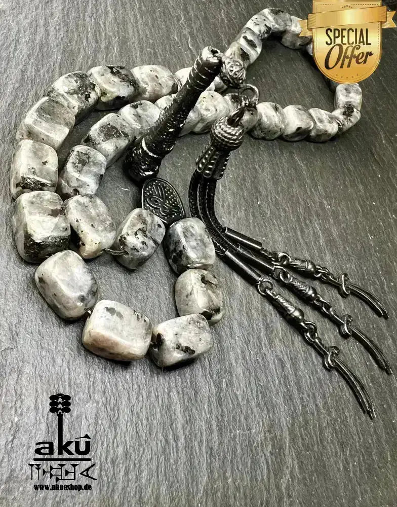 Labradorite Tesbih 33, natürliches Edelstein, islamisches Misbaha, schwarze Zulfiqar ALI Quaste - AkueShop