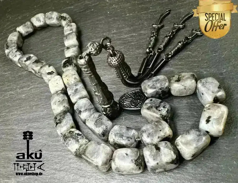 Labradorite Tesbih 33, natürliches Edelstein, islamisches Misbaha, schwarze Zulfiqar ALI Quaste - AkueShop