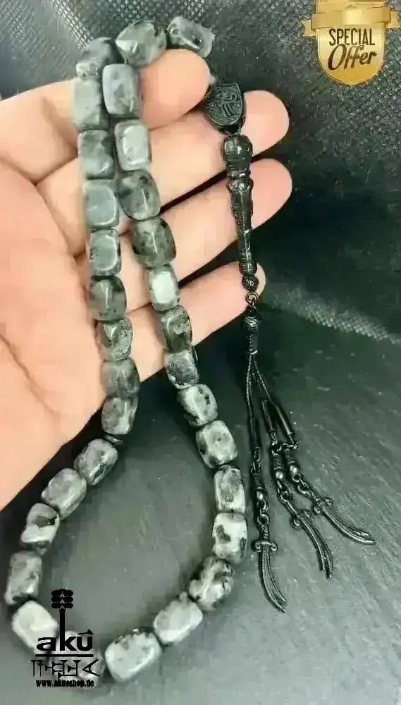 Labradorite Tesbih 33, natürliches Edelstein, islamisches Misbaha, schwarze Zulfiqar ALI Quaste - AkueShop