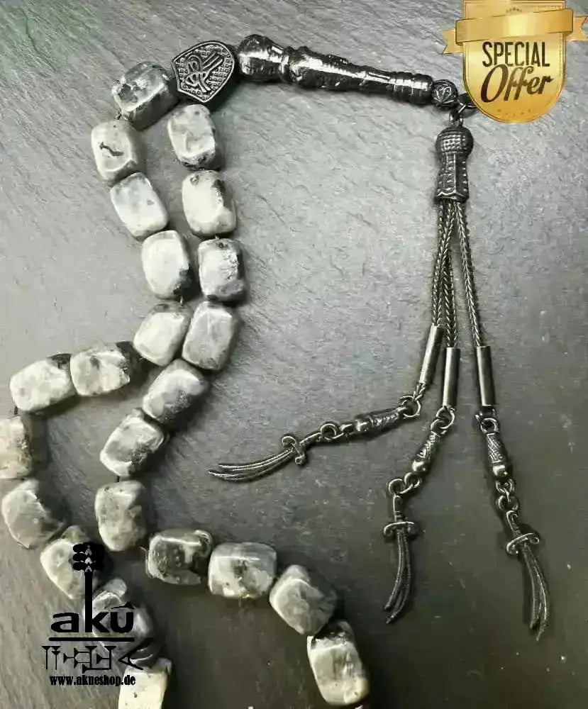 Labradorite Tesbih 33, natürliches Edelstein, islamisches Misbaha, schwarze Zulfiqar ALI Quaste - AkueShop