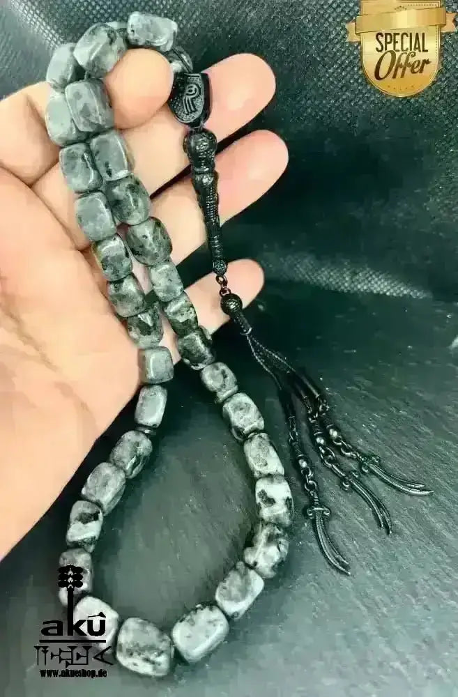 Labradorite Tesbih 33, natürliches Edelstein, islamisches Misbaha, schwarze Zulfiqar ALI Quaste - AkueShop