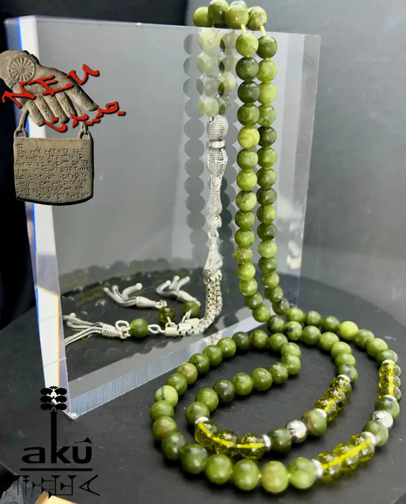 Grüne Jade & Peridot 99‑Perlen Tasbih mit 925 Silber Zulfiqar‑Schwert Imame – handgefertigte islamische Gebetskette