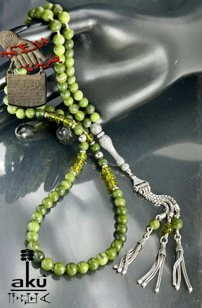 Grüne Jade & Peridot 99‑Perlen Tasbih mit 925 Silber Zulfiqar‑Schwert Imame – handgefertigte islamische Gebetskette