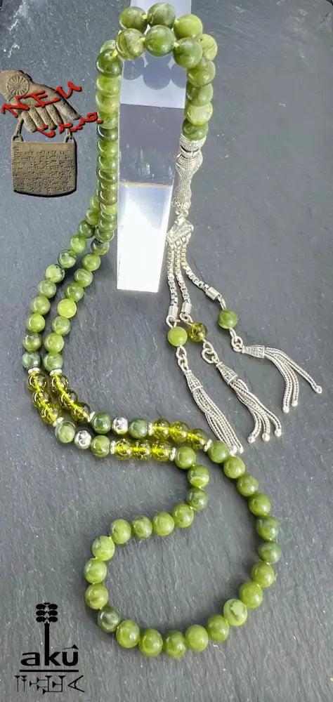 Grüne Jade & Peridot 99‑Perlen Tasbih mit 925 Silber Zulfiqar‑Schwert Imame – handgefertigte islamische Gebetskette