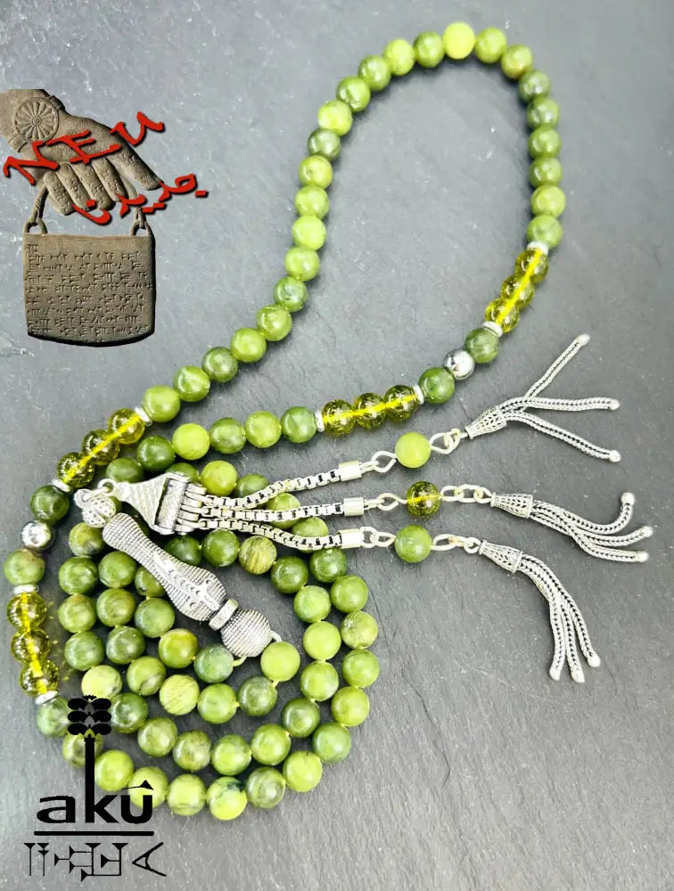 Grüne Jade & Peridot 99‑Perlen Tasbih mit 925 Silber Zulfiqar‑Schwert Imame – handgefertigte islamische Gebetskette