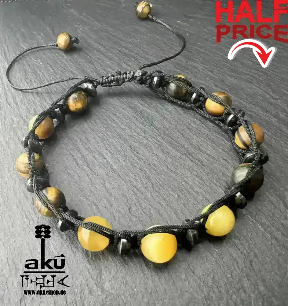 Männer Armband braunes und gold Tigerauge, freie Größe einstellbares Macreme Band - AkueShop