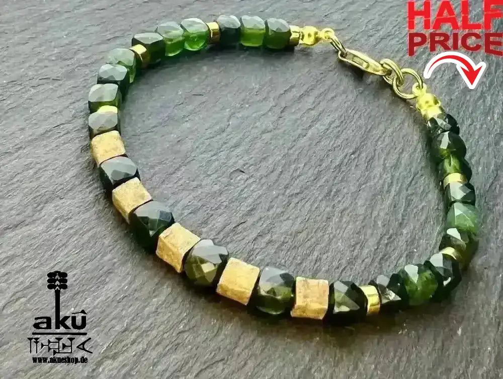 Männer Armband grün Jade, bronze Würfel Perlen für ihn Herzchakra heilungenergie, natürliches Edelstein - AkueShop