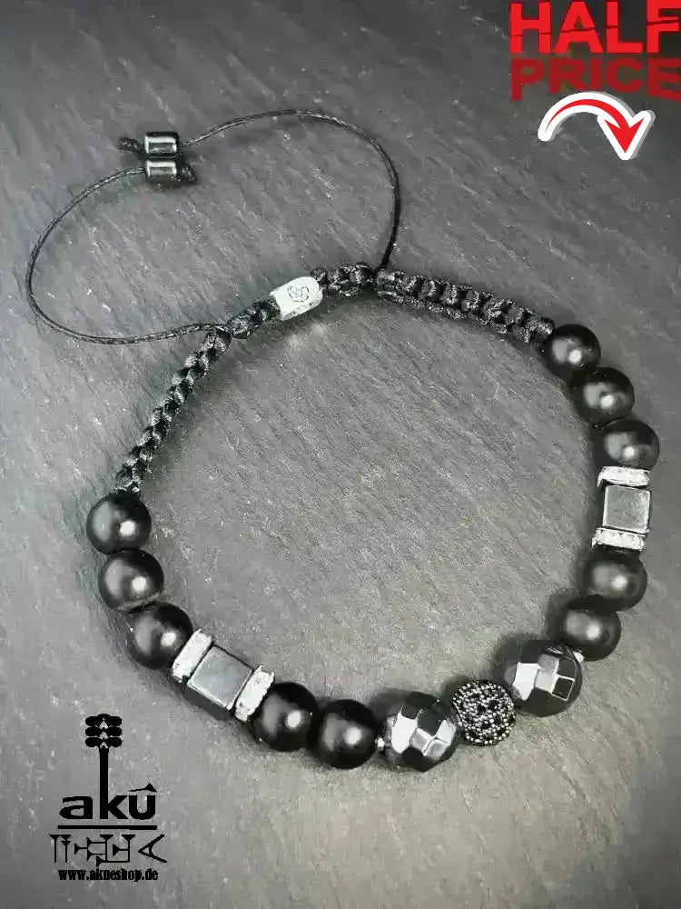 Männer Armband schwarz Himatit und Onyx für ihn, freie Größe einstellbares Macreme Band - AkueShop