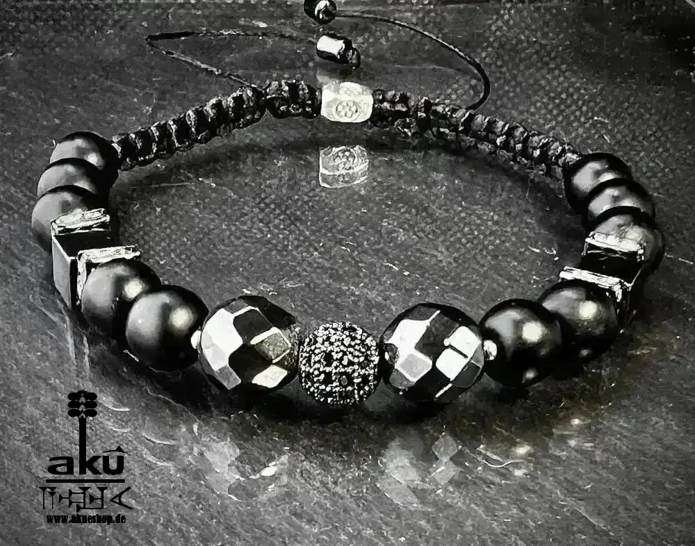 Männer Armband schwarz Himatit und Onyx für ihn, freie Größe einstellbares Macreme Band - AkueShop