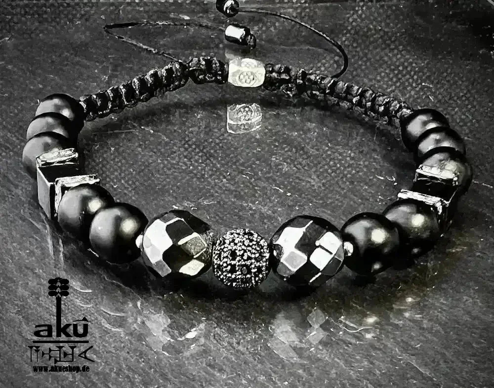 Männer Armband schwarz Himatit und Onyx für ihn, freie Größe einstellbares Macreme Band - AkueShop