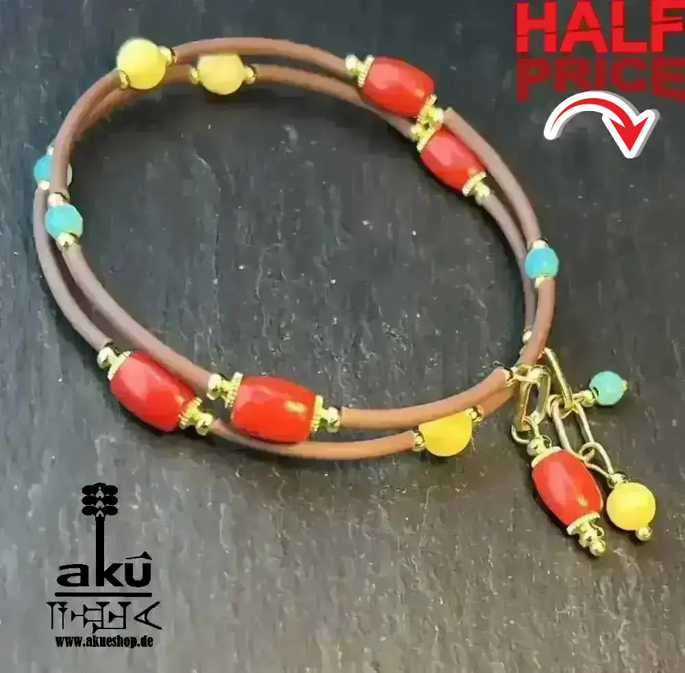 Memory Wire Koralle & Bernstein Armband natürlichen Edelsteinen, vergoldete, handgefertigtes Armreifen - AkueShop