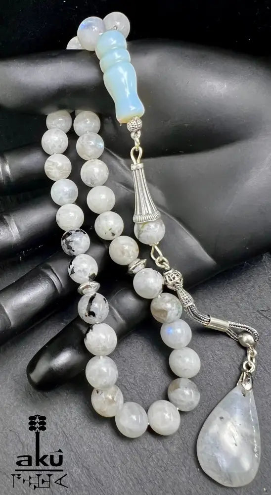 Mondstein Tasbih 925er Silber Quaste natürliche Edelstein Sibha Regenbogen Indischer Mondstein. Tasbih